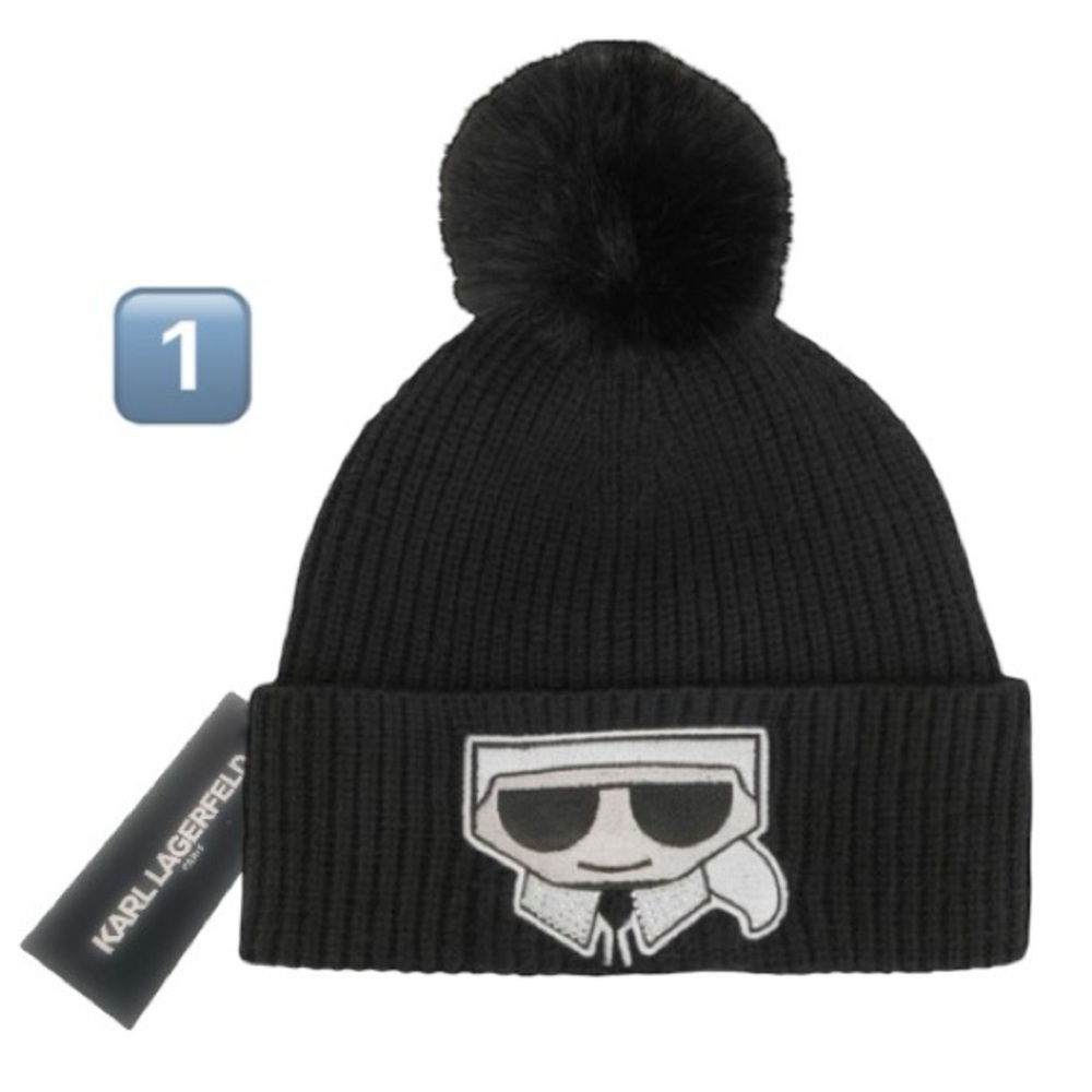 Karl Lagerfeld Black Faux-fur Pom Rhinestone Beanie NWT 
🔥NWT Retail: $58